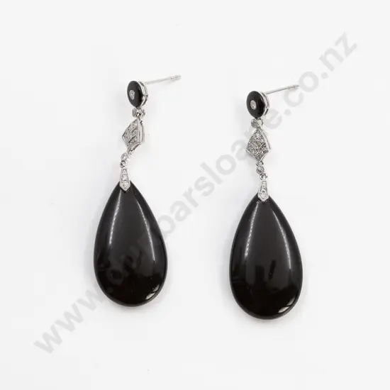14ct White Gold Onyx and Diamond Drop Earrings