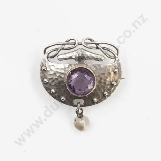.950 Silver Art Nouveau Amethyst and Pearl Brooch