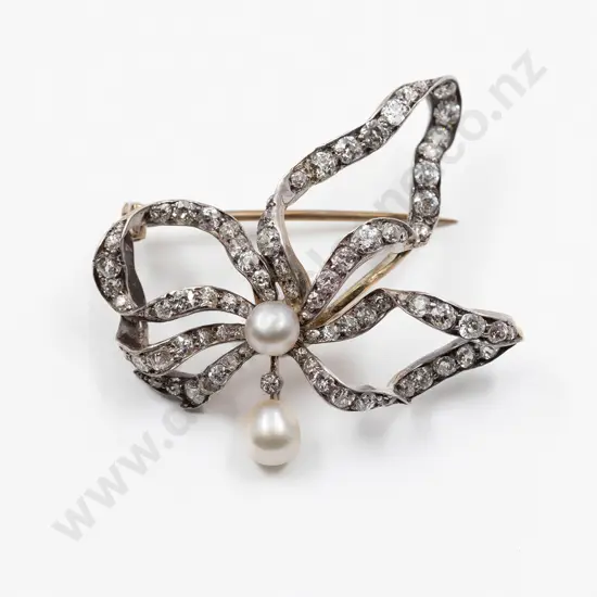 Edwardian 9ct and Silver Diamond and Pearl Ribbon Bow Brooch