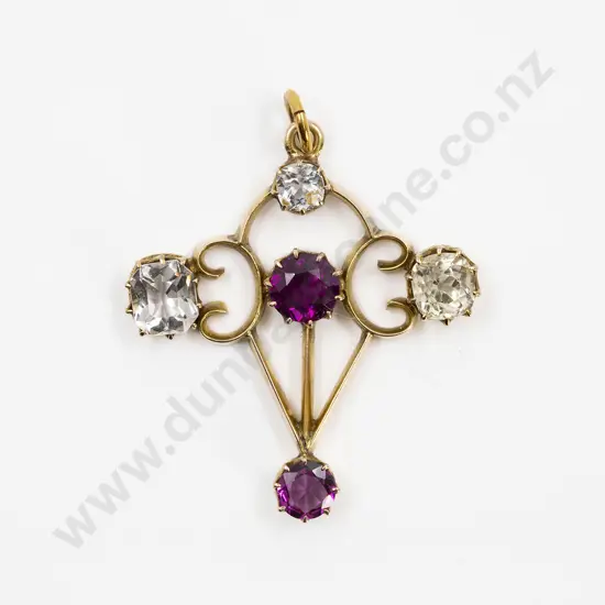 Edwardian 9ct Five Stone Amethyst and Rock Crystal Pendant