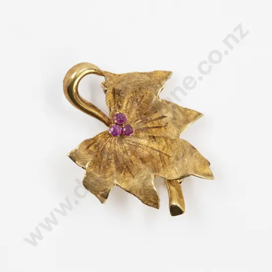 18ct Three Stone Ruby Leaf Brooch