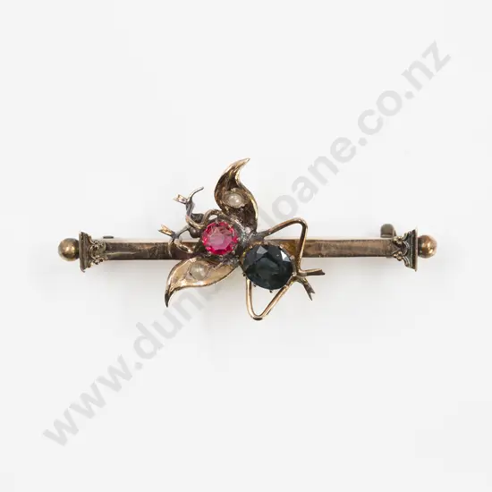 Edwardian 9ct Gem Set Bug Bar Brooch