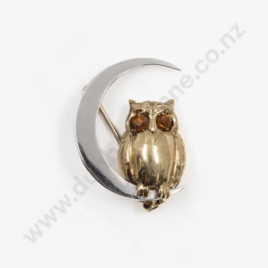 9ct Yellow and White Gold Owl and Crescent Brooch