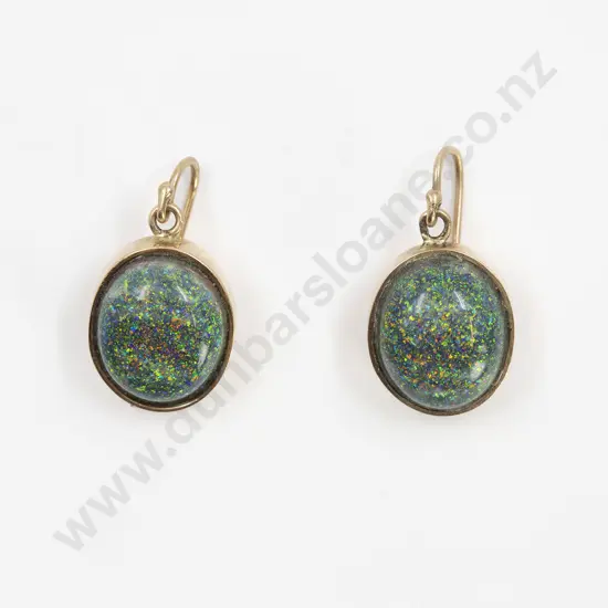 Pair 14ct Encased Black Opal Triplet Pendant Earrings
