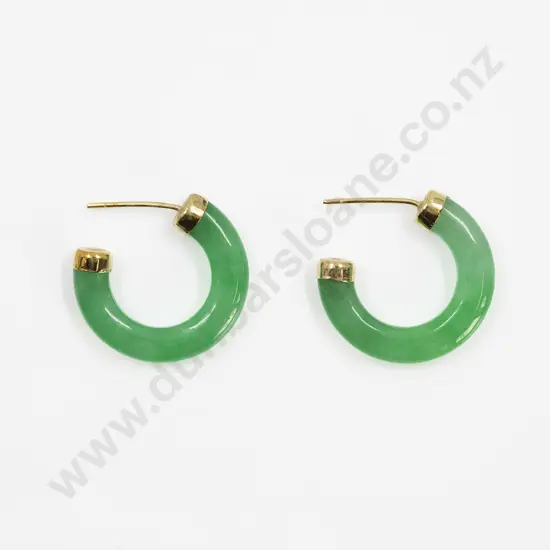 Pair 14ct Mounted Apple Green Jade Plain Hoop Earrings