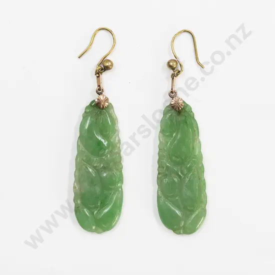 Pair Art Deco Chinese Carved Apple Green Jade Pendant Earrings