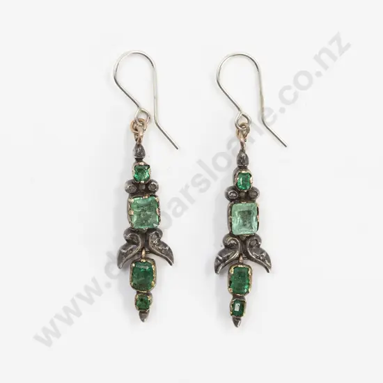 Pair C19th European Gold and Silver Emerald Pendant Earrings