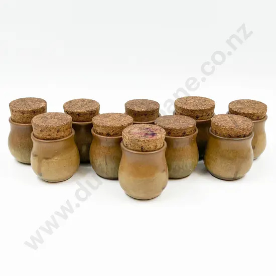 Set of Ten Pottery Spice Jars with Cork Stoppers