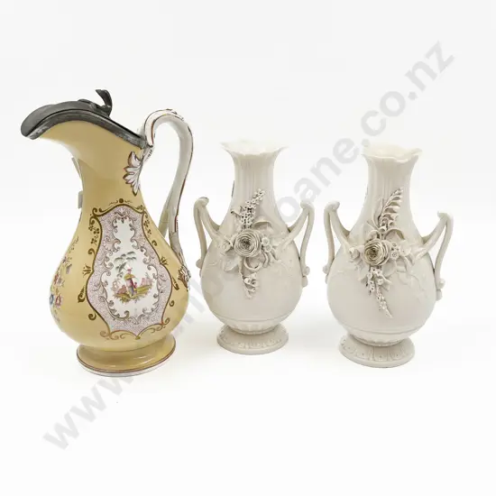 Lidded Hot Water Jug and Pair Bisque Vases