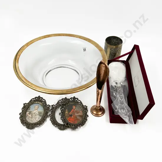 Assorted Metalware and Cased Serving Spoon in Large Gilt Rimmed Glass Bowl