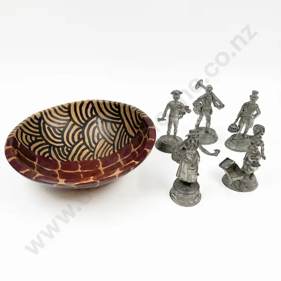 Assorted Cast Metal Figures in Wooden Bowl