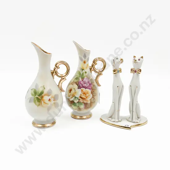 Limoges Cat & Dog Figure & Pair Hand Painted Jugs