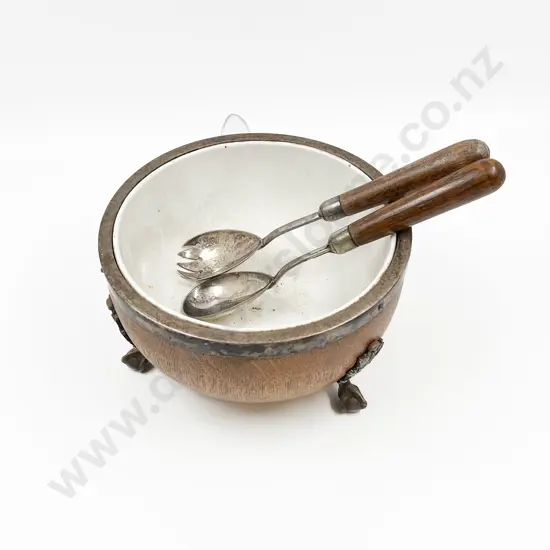 Ceramic LIned Oak Bowl and Salad Servers