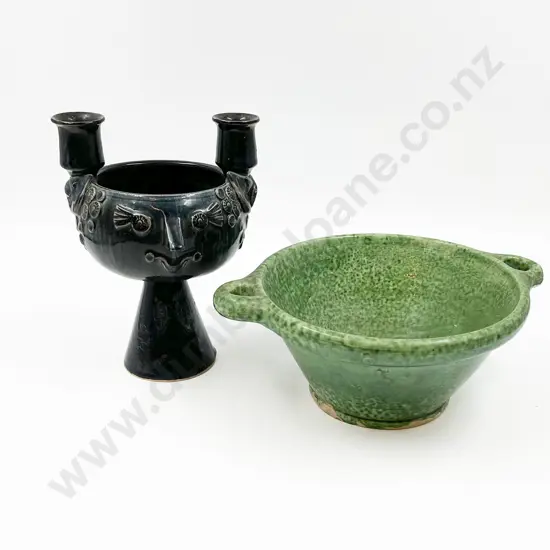 Bjorn Wiinblad Rosenthal Studio Blue Face Candlestick & Pottery Bowl