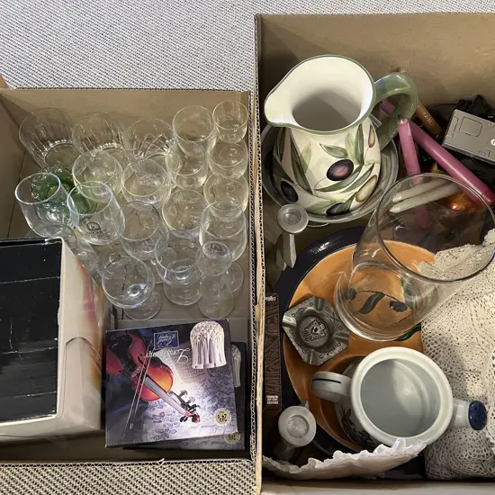 Two Boxes of Assorted incl Glassware and Decorative Homewares