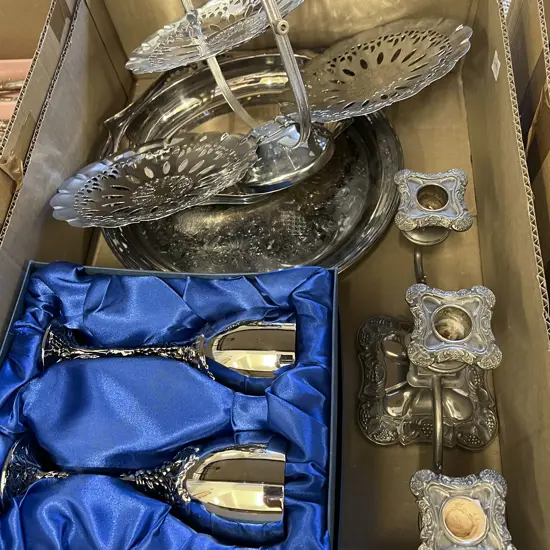 Box of Assorted S/P incl Candelabra and Boxed Goblets