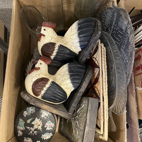 Box Lot of Assorted incl Bookends Serving Platters etc