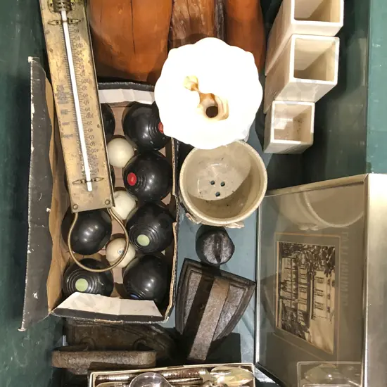 Box of Assorted incl Flat Irons Miniature Bowls etc