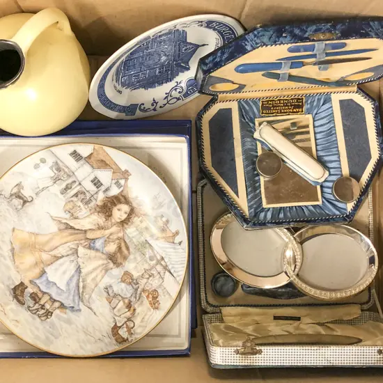 Box of Assorted incl Commemorative Plates Pair of Manicures sets etc
