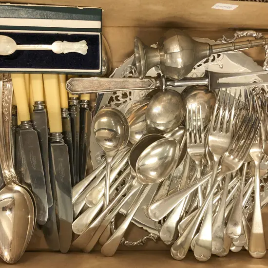 Box of Assorted S/P Cutlery incl Bone Handled Knives