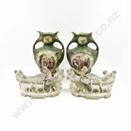 Pair Late Victorian Figured Flower Troughs and Pair Mantle Urns (faults)