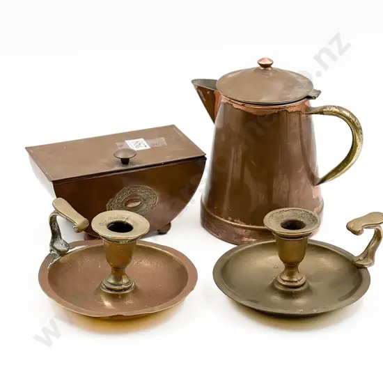 Two Copper and Brass Candleholders With Brass Water Jug and other
