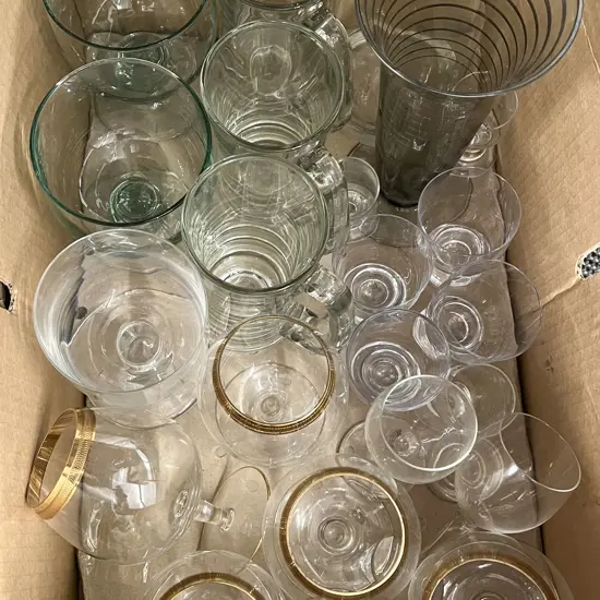 Box of Assorted Glassware Including Gilt Rimmed Brandy Balloons