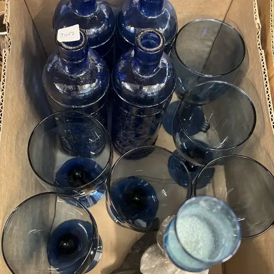 Box of Assorted Blue Glass And Art Nuevo Candlestick