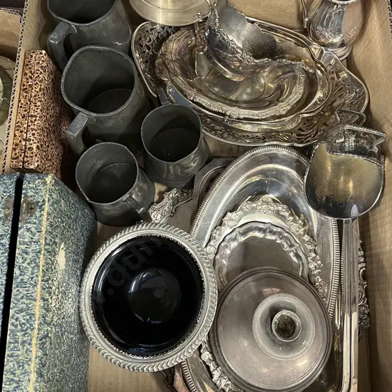 Box of Assorted S/P Including Cased Sets and Pewter Tankards