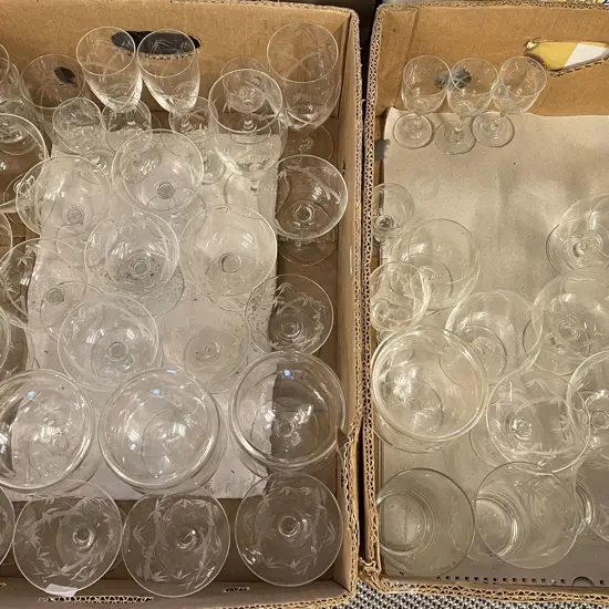 Two Boxes Including Suite of Bamboo Etched Glassware