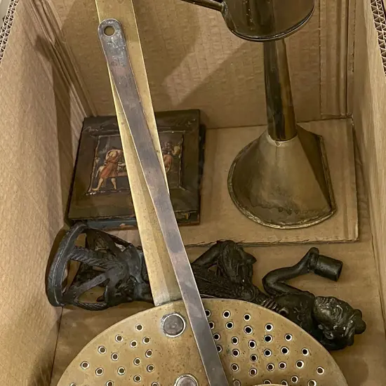 Box of Metal Ware Including Oil Lamp