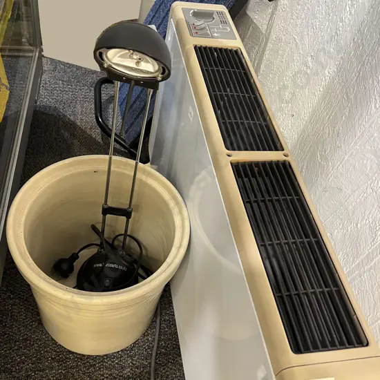 Stoneware Crock Together With Heater and Desk Lamp Etc