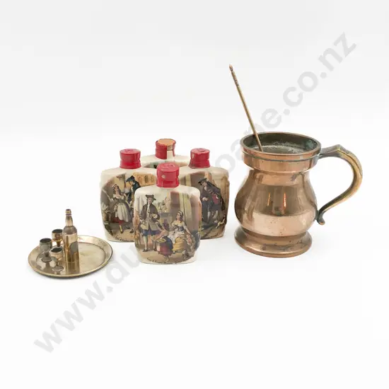 Copper Half Pint Measure with Four Brandy Miniatures and Copper Spoon etc