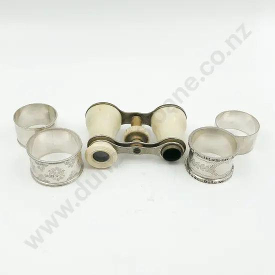 Three S/S Napkin Rings and One Plated Together with Opera Glasses (AF)