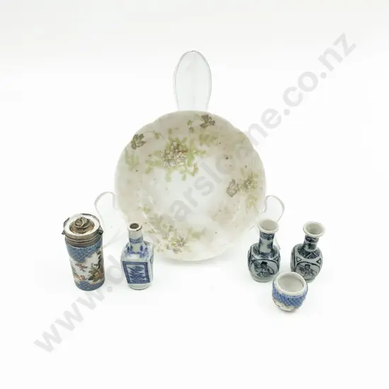 Scent Flask and Miniature Blue and White Vases on Limoges Plate