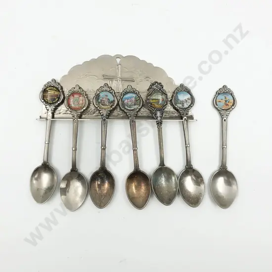 Seven NZ Vintage Souvenir Spoons and Rack