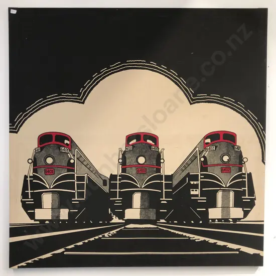 Vintage Screen Printed Fabric Wall Art - Trains