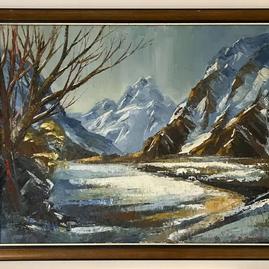D. Orange - Mountain Landscape Oil on Board