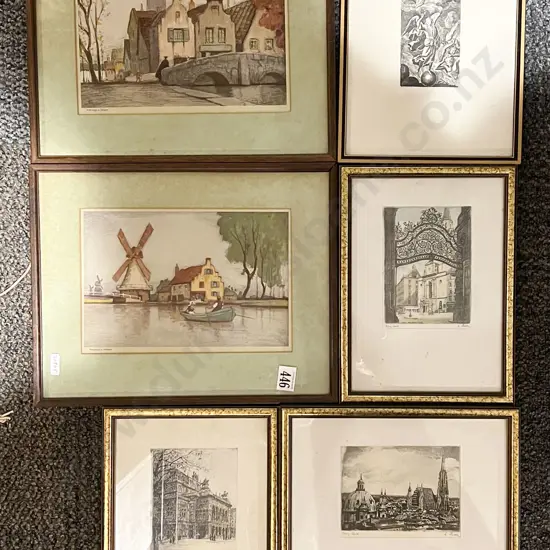 Six Framed Vintage Bookplates and Etchings