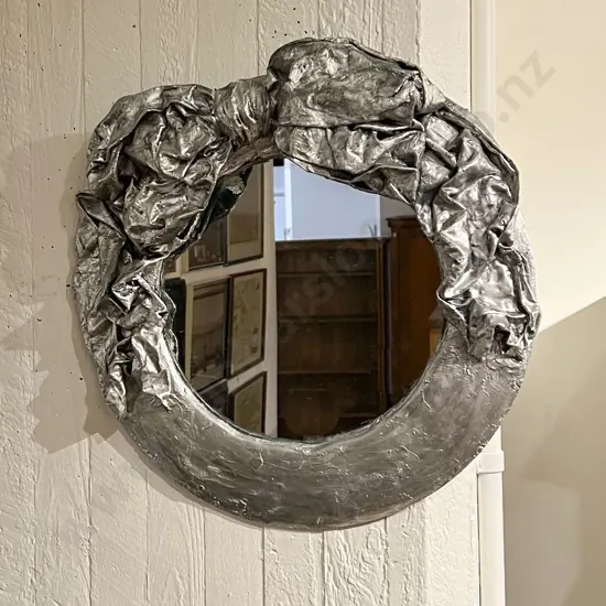 Silver Painted Papier Mache Circular Wall Mirror With Ribbon Design