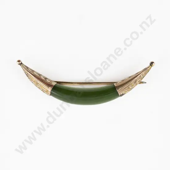 9ct Mounted Greenstone Crescent Brooch
