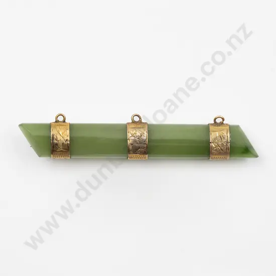 Unmarked 9ct Mounted Greenstone Bar Brooch