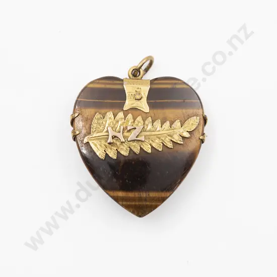 Unmarked 9ct Mounted Tiger-Eye Heart Brooch Pendant