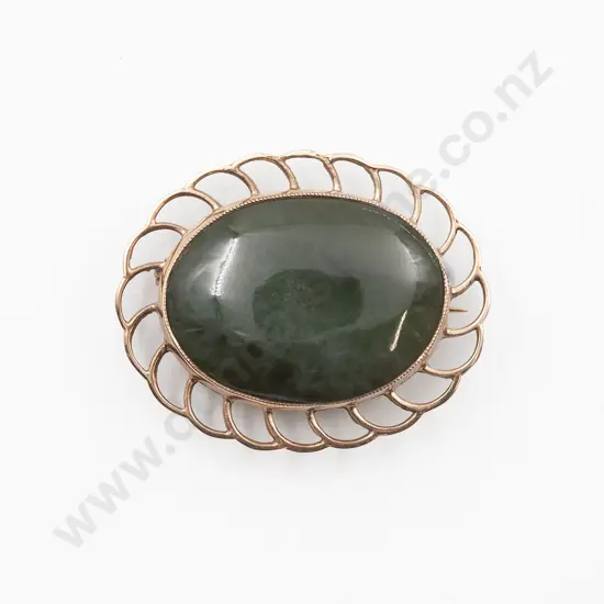 9ct Loop Framed Oval Panel Greenstone Brooch