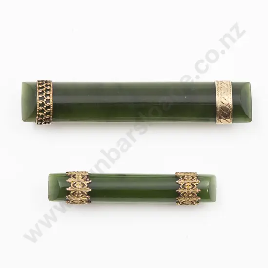 Two 9ct Mounted Greenstone Bar Brooches