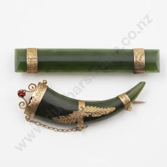 9ct mounted Greenstone Claw and Bar Brooches