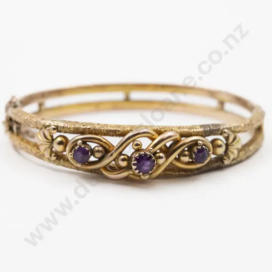 NZ Colonial 9ct Three Stone Amethyst Hinged Snap Bangle