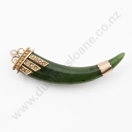 9ct Mounted Small Greenstone Tusk Brooch