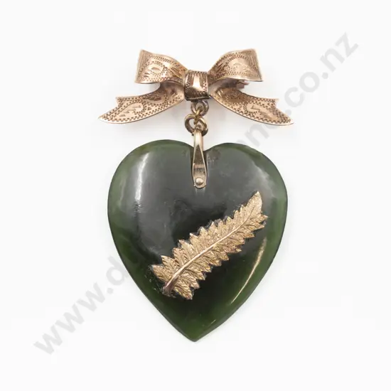 9ct Fern Mounted Greenstone Heart Pendant on 9ct Bow Brooch