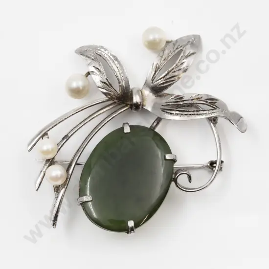 S/S Four Cultured Pearl and Greenstone Spray Brooch